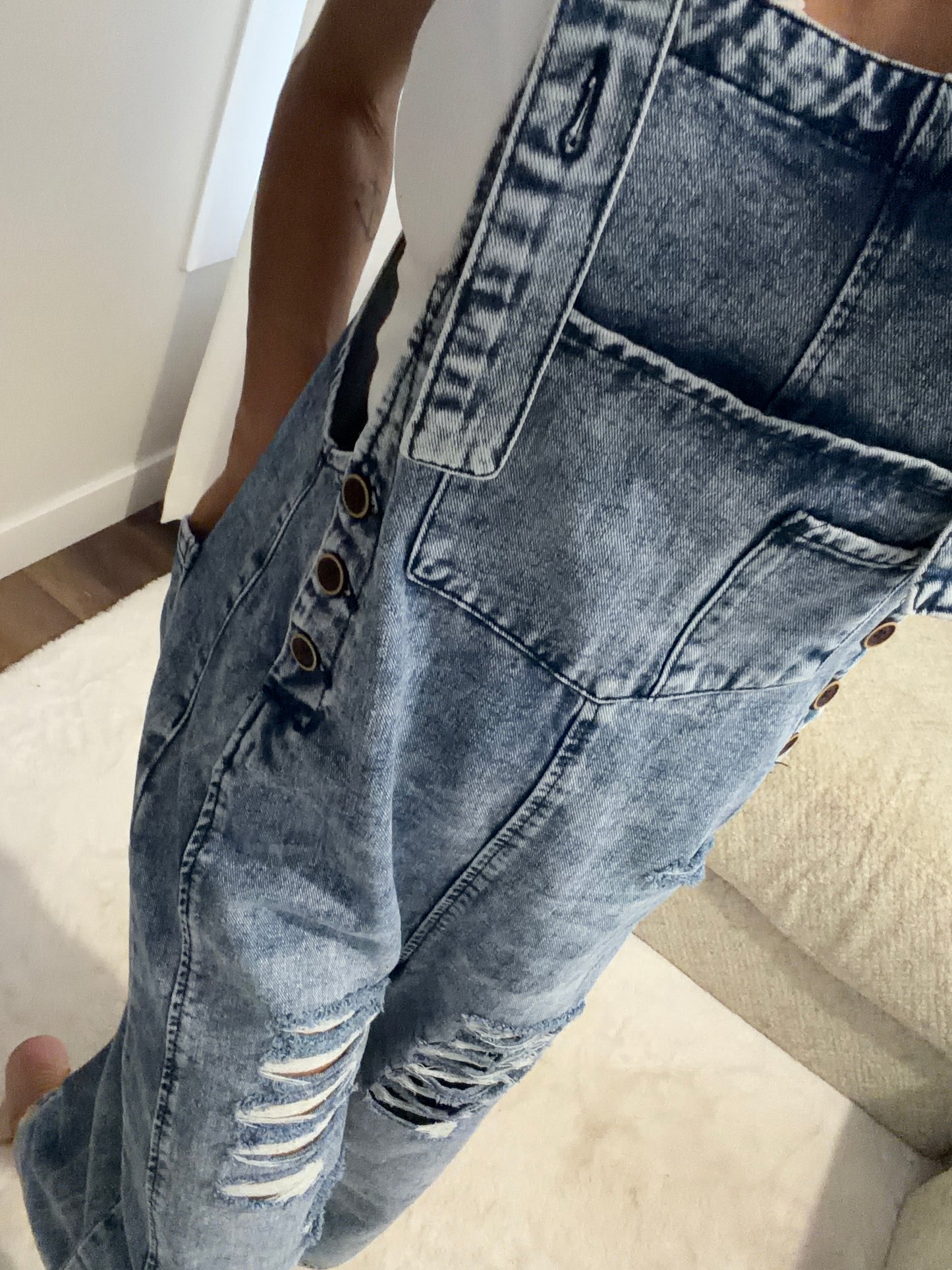 Distressed Denim Jumpsuit - Blue