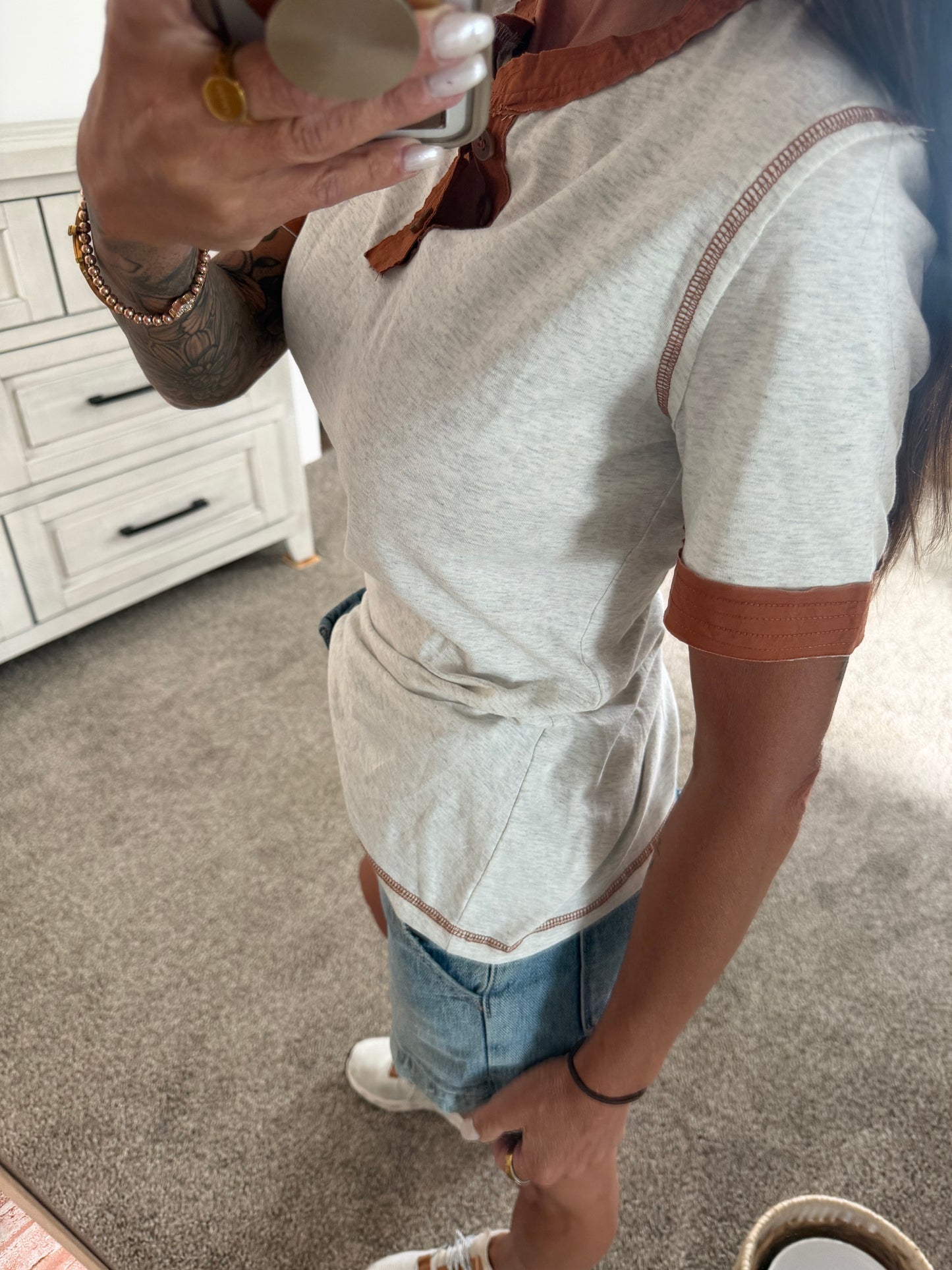 Short Sleeve Top with Patchwork Trim - Heather Gray
