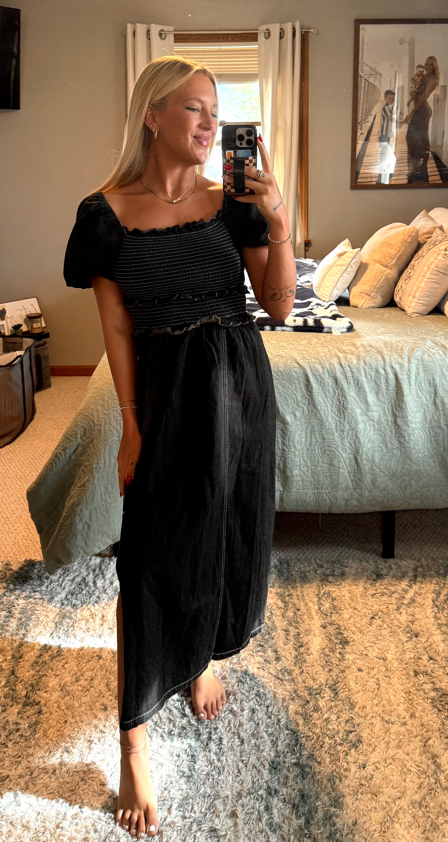 Puff Sleeve Smocked Dress - Black