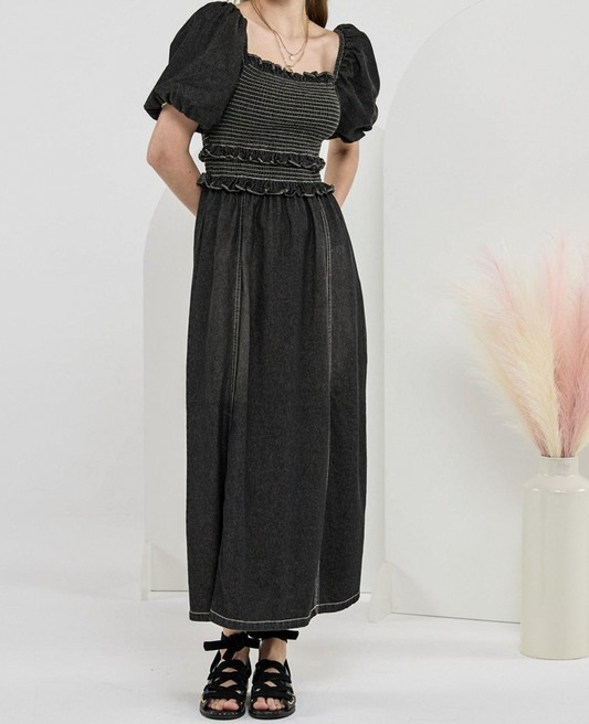 Puff Sleeve Smocked Dress - Black