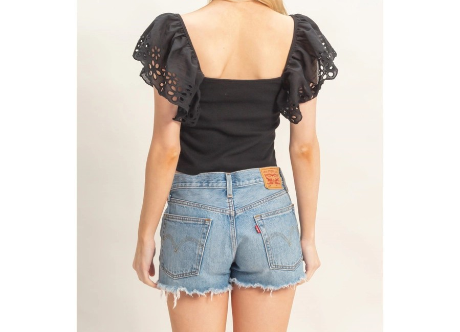 Eyelet Sleeve Top - Black