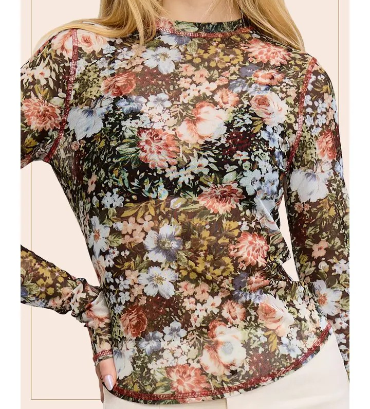 Mesh Top - Large Floral Print - Brown