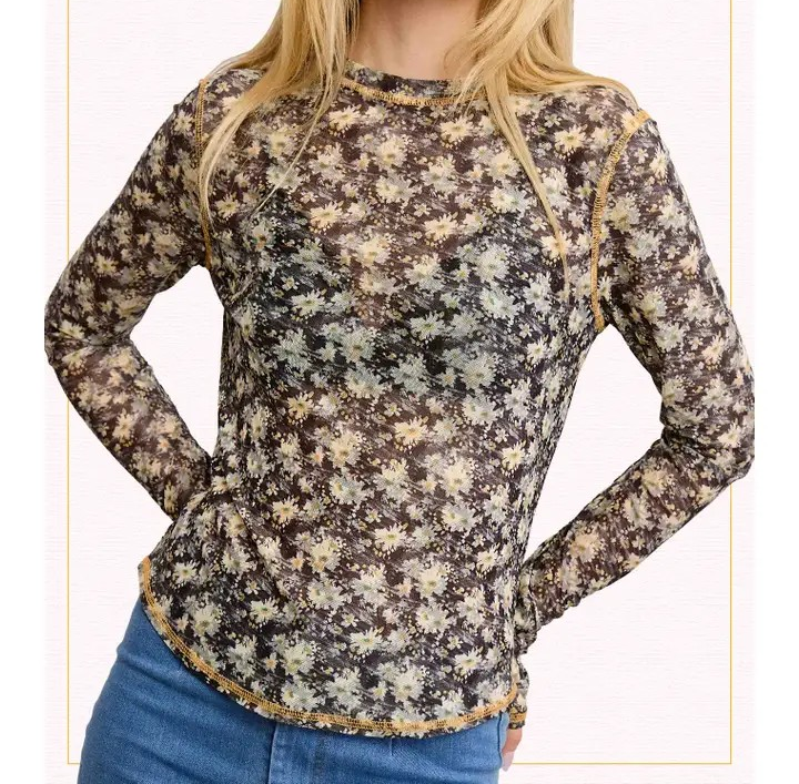Mesh Top - Small Floral Print - Black