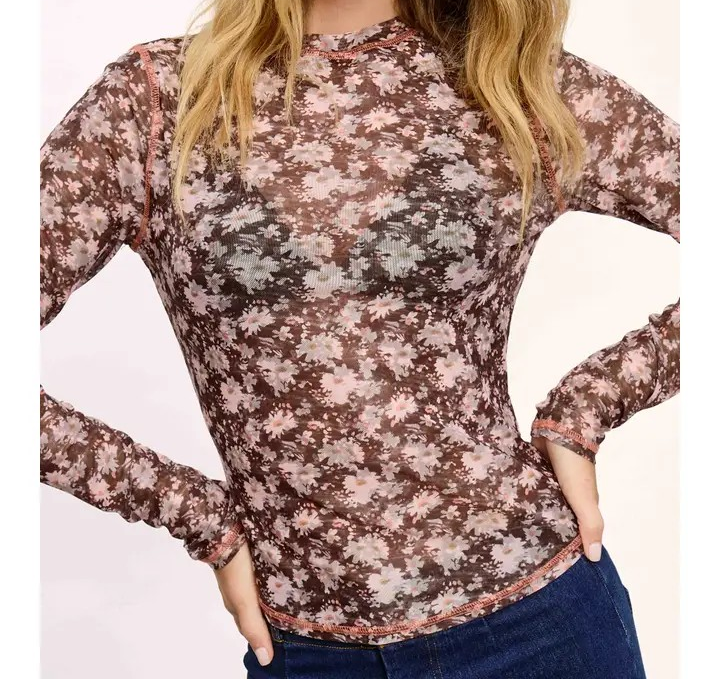 Mesh Top - Small Floral Print - Brown