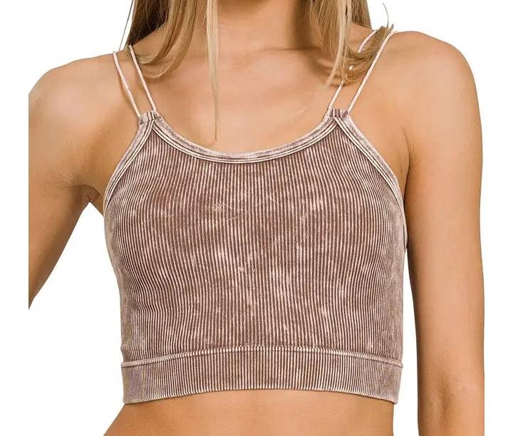 Acid Wash Double Strap Tank Top - Mocha