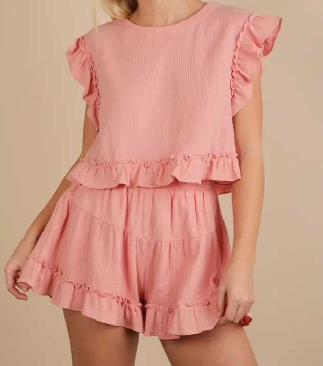 Ruffled Top and Shorts Set - Blush