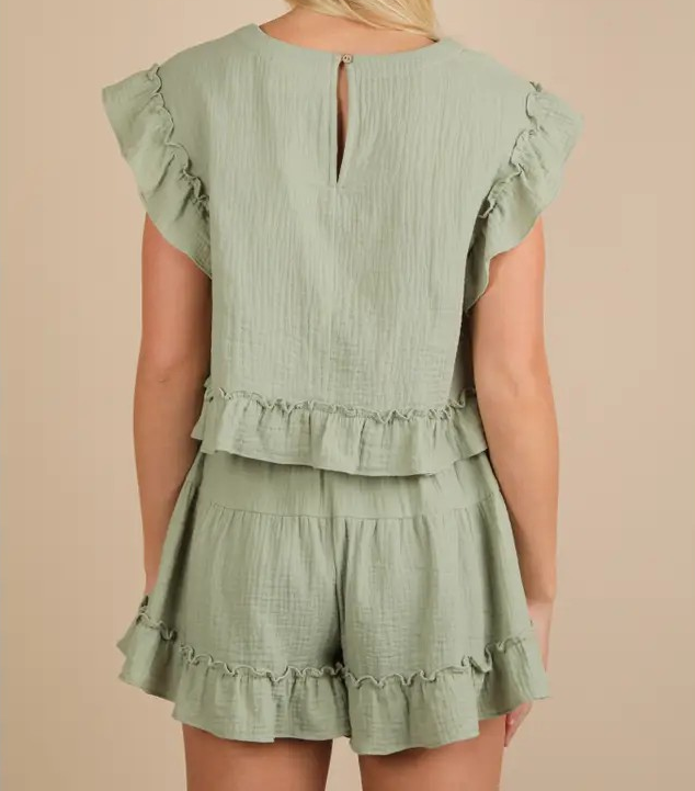 Ruffled Top and Shorts Set - Sage