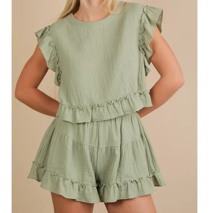 Ruffled Top and Shorts Set - Sage