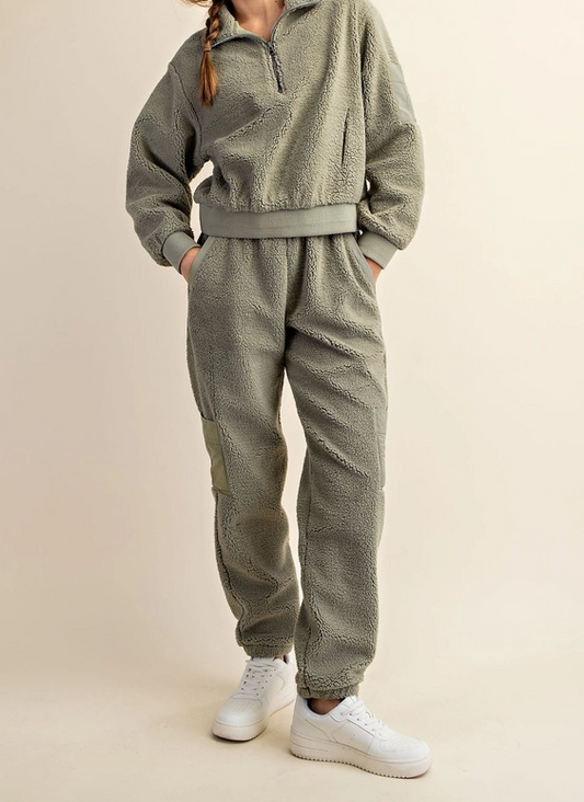 Sherpa Top and Sweatpants Set - Sage