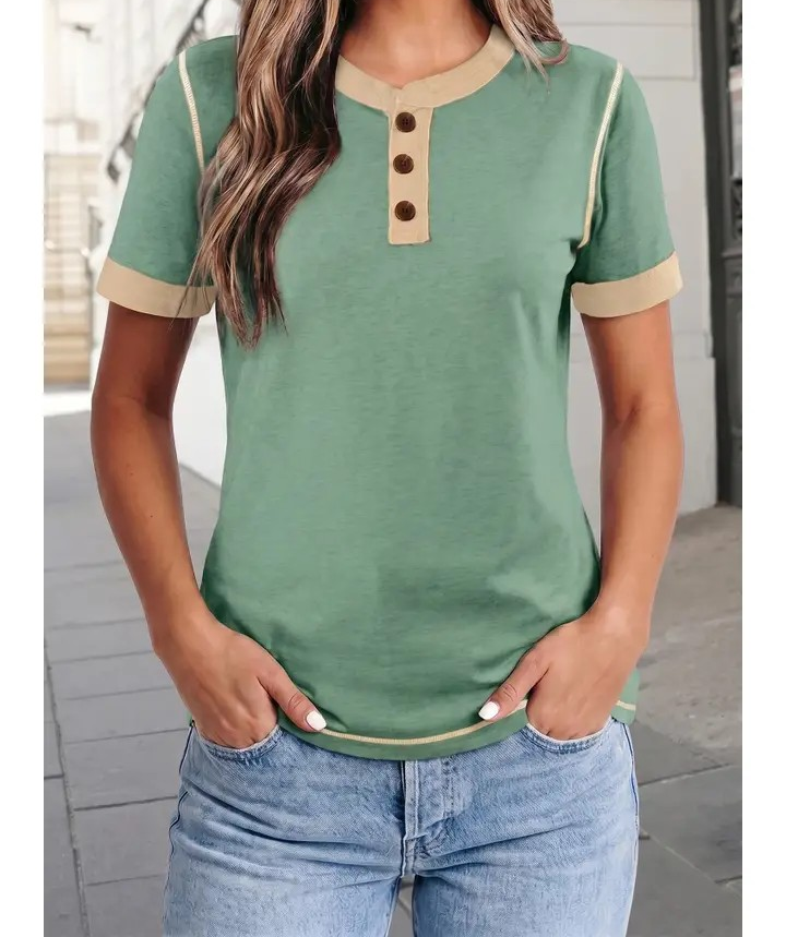 Short Sleeve Top with Patchwork Trim - Ocean Green