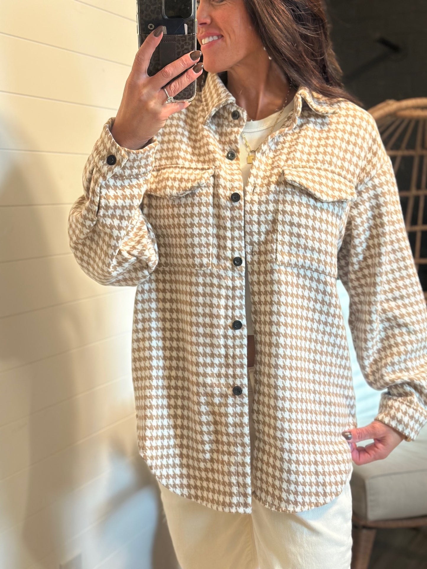 Houndstooth Shacket - Khaki