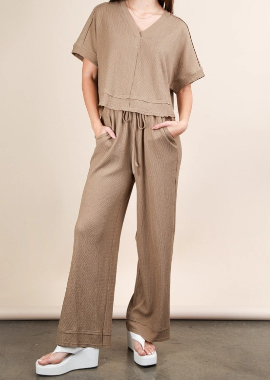 Textured Knit Top and Pants Set - Mocha