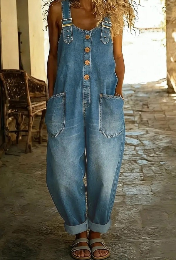 Washed Denim Jumpsuit - Blue