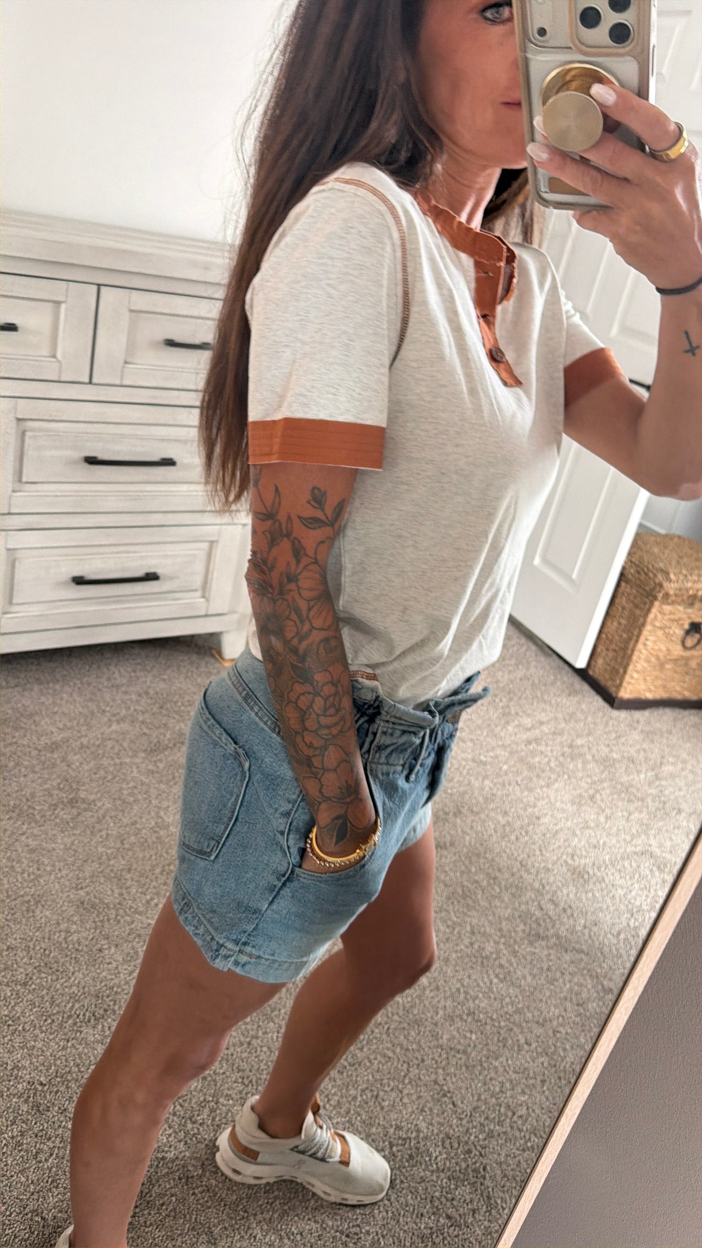 Short Sleeve Top with Patchwork Trim - Heather Gray