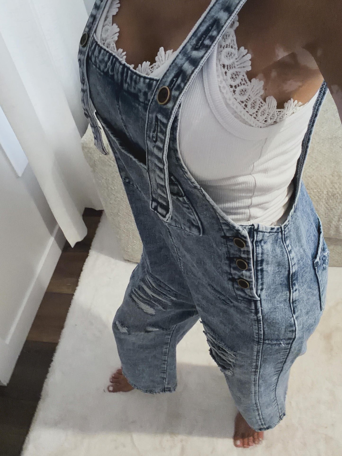Distressed Denim Jumpsuit - Blue