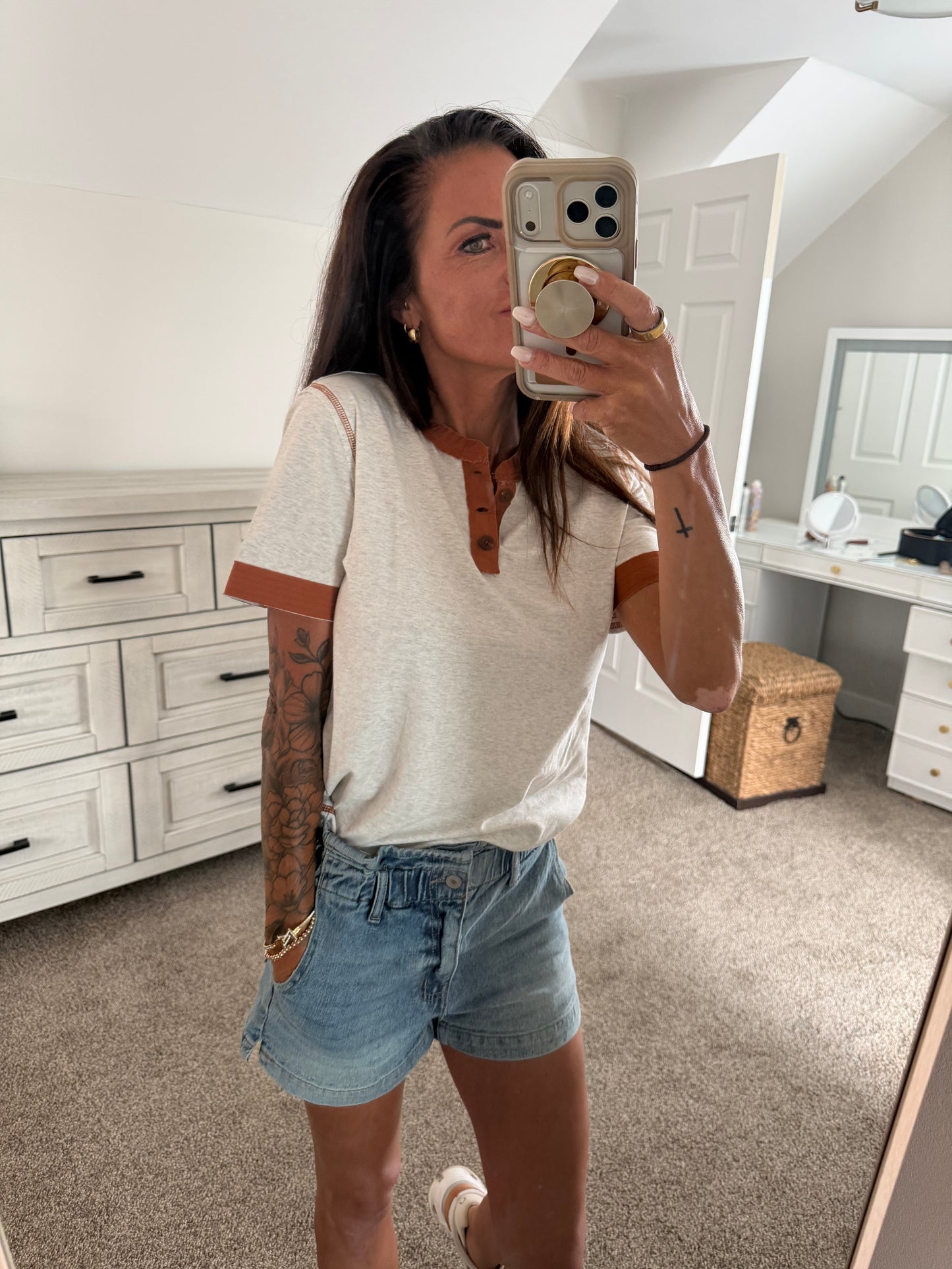 Short Sleeve Top with Patchwork Trim - Heather Gray