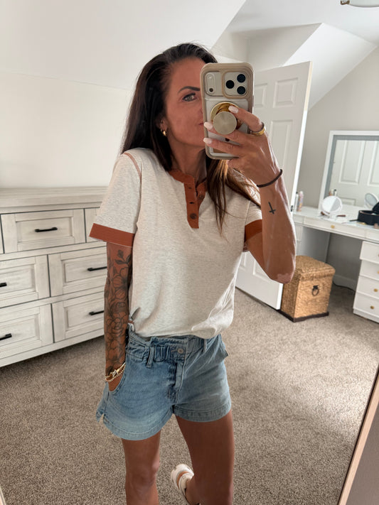 Short Sleeve Top with Patchwork Trim - Heather Gray