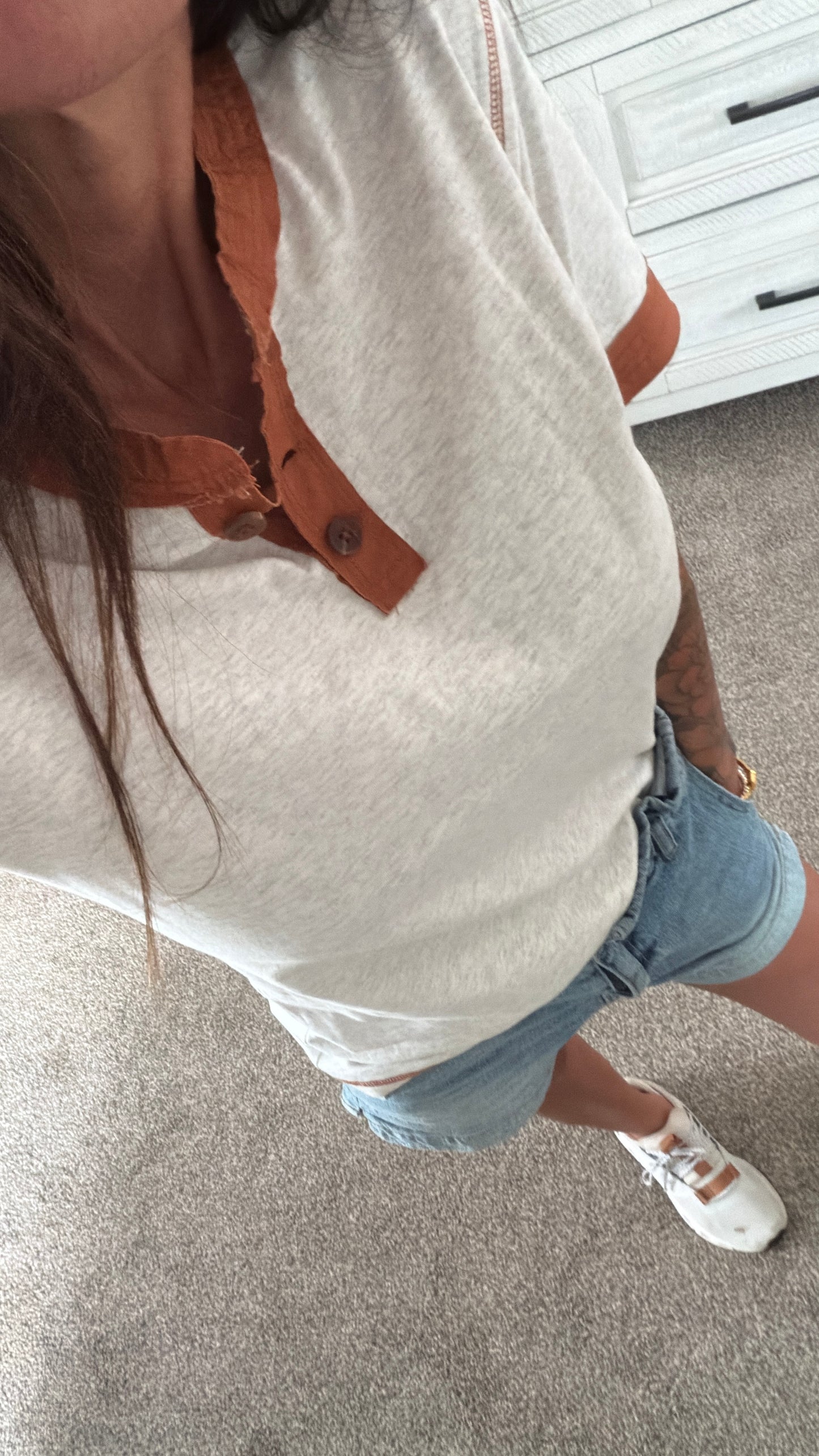Short Sleeve Top with Patchwork Trim - Heather Gray