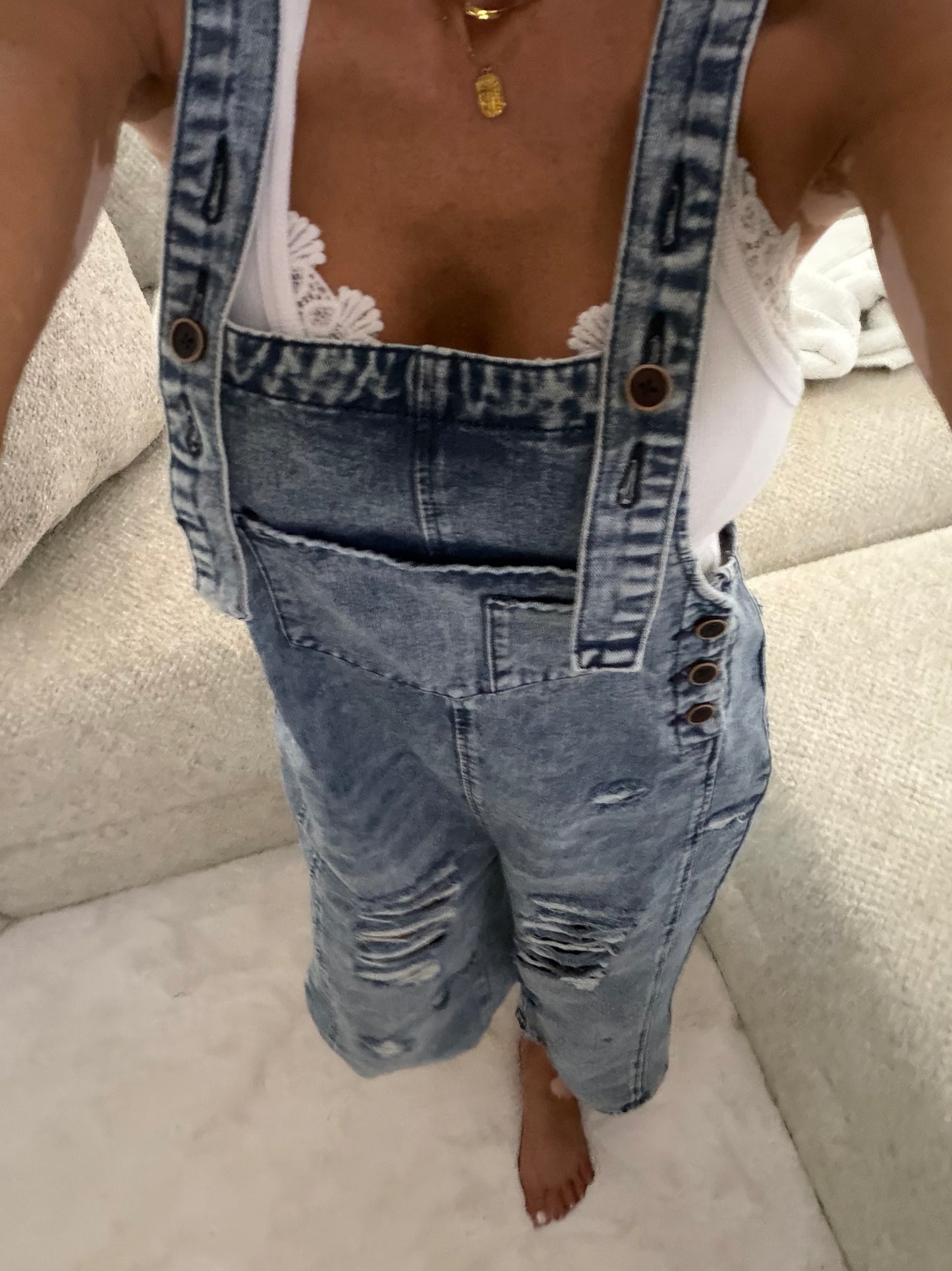 Distressed Denim Jumpsuit - Blue