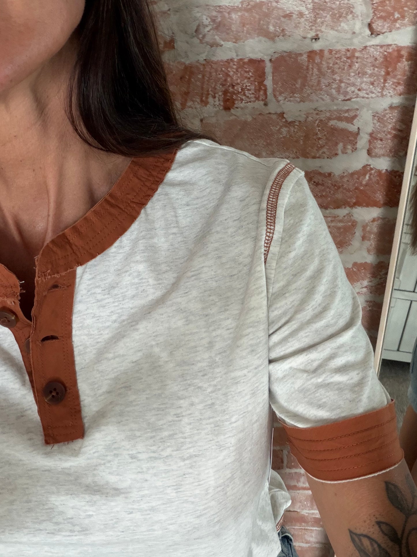 Short Sleeve Top with Patchwork Trim - Heather Gray