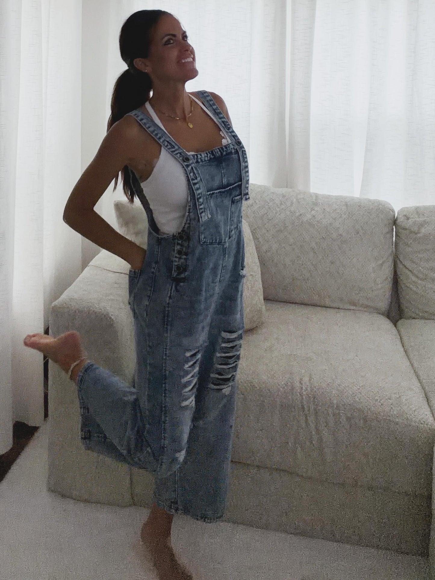 Distressed Denim Jumpsuit - Blue