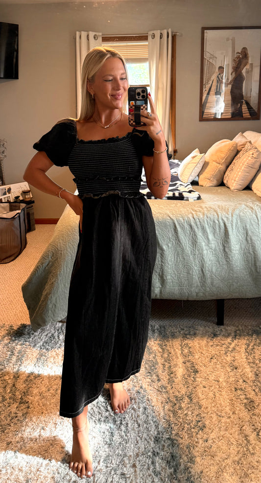 Puff Sleeve Smocked Dress - Black
