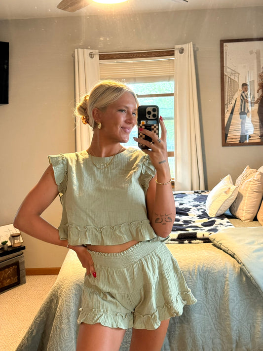 Ruffled Top and Shorts Set - Sage