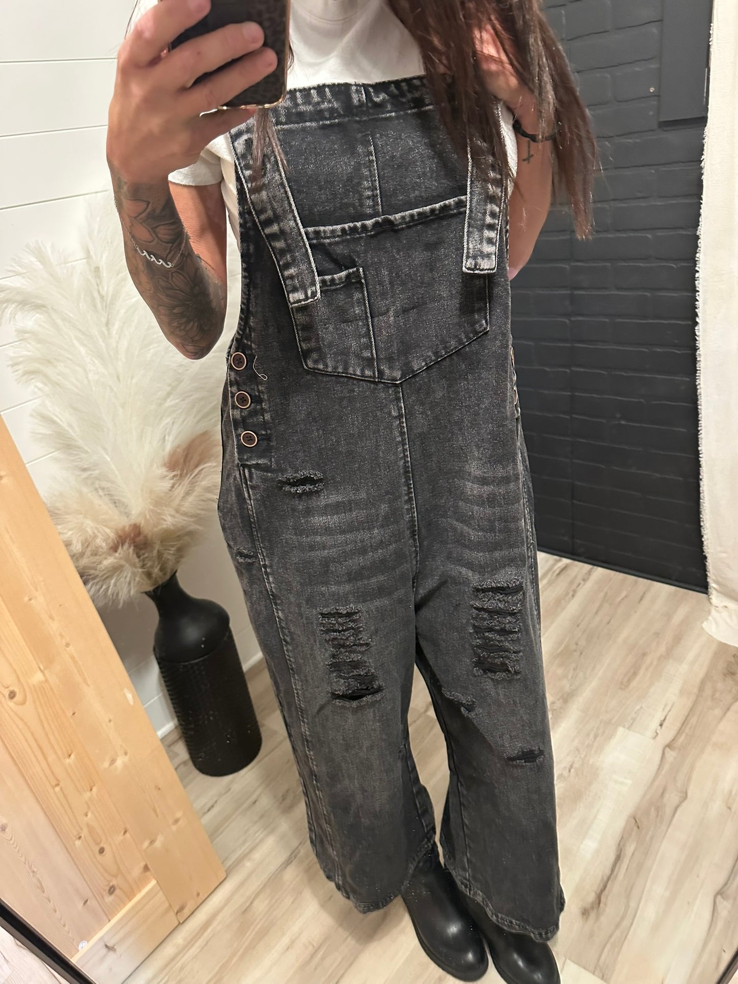 Distressed Denim Jumpsuit - Black