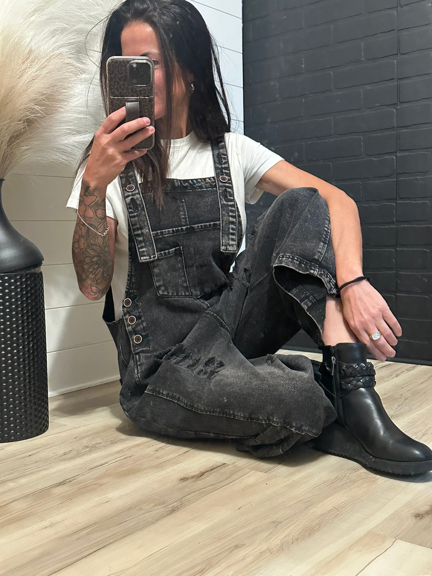 Distressed Denim Jumpsuit - Black