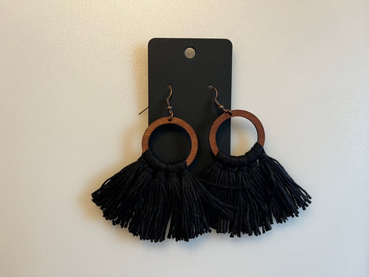 Earrings - Wooden Ring with Black Tassel