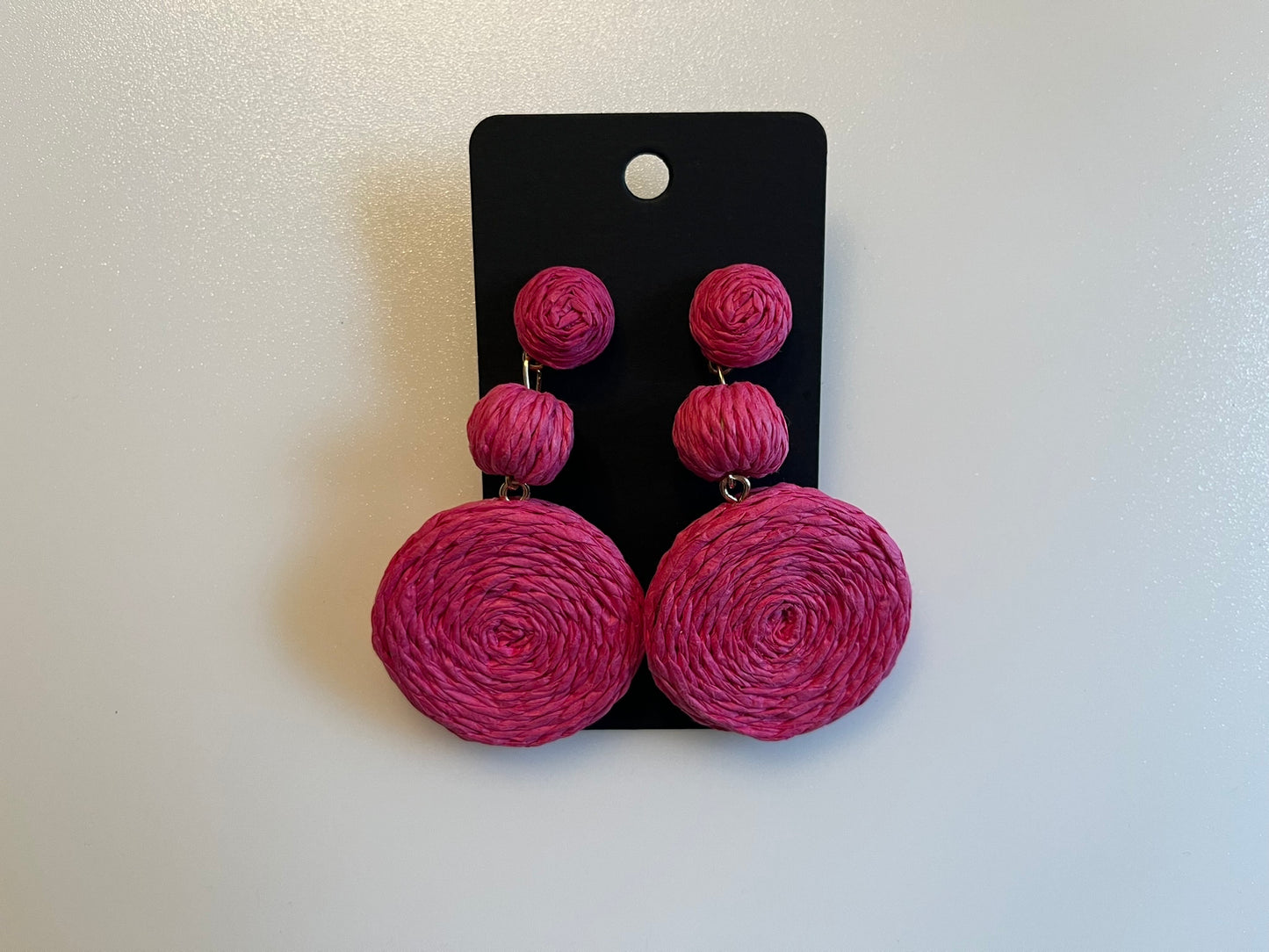 Earrings - Rattan Triple Stack - Hot Pink