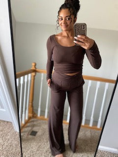 Long Sleeve Top and Wide Leg Pants - Brown