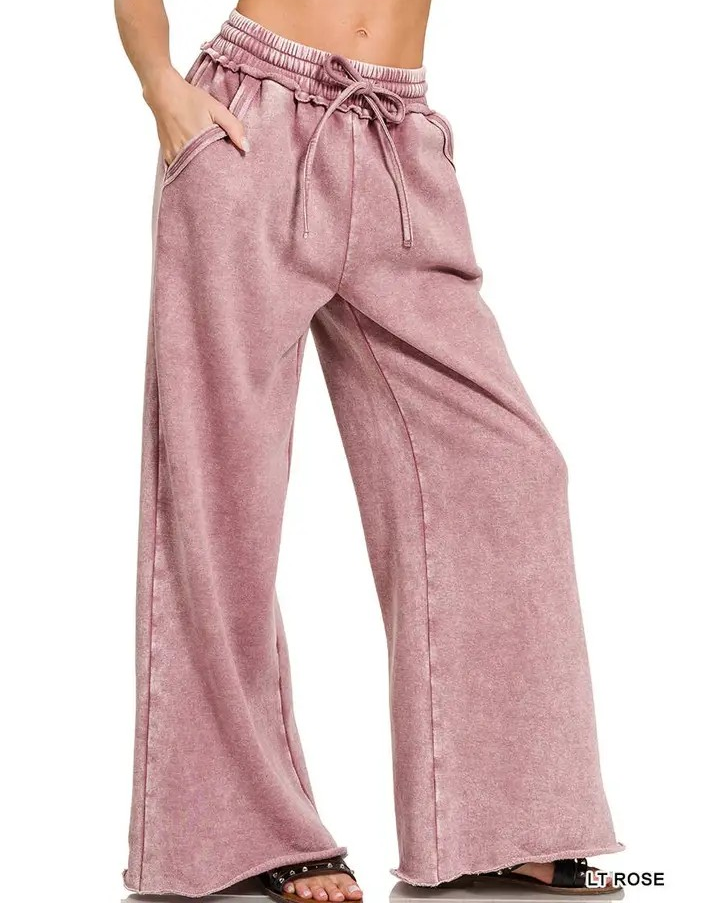 Acid Wash Fleece Pants - Light Rose