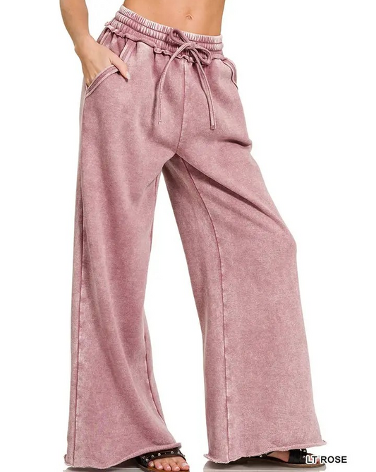 Acid Wash Fleece Pants - Light Rose