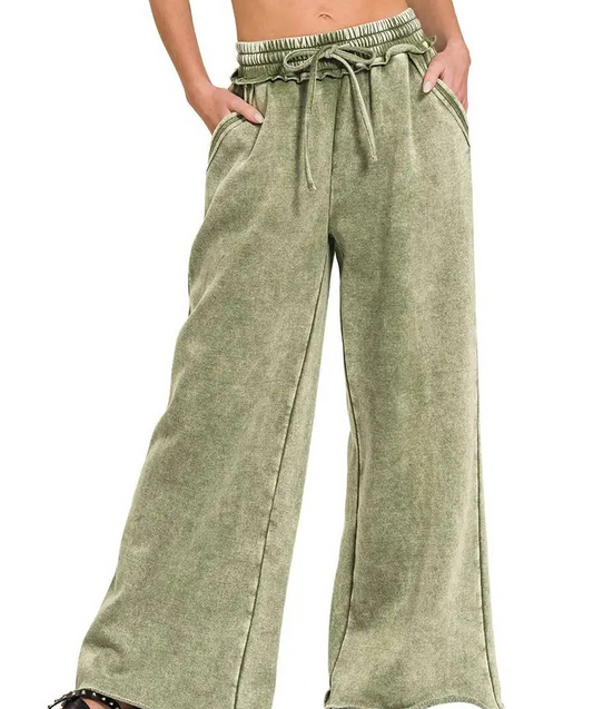 Acid Wash Fleece Pants - Olive