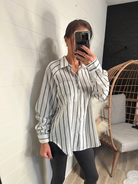 Oversized Button Down Shirt - Black Stripe