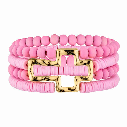 Bracelet - 4 Row Stretch with Cross - Pink