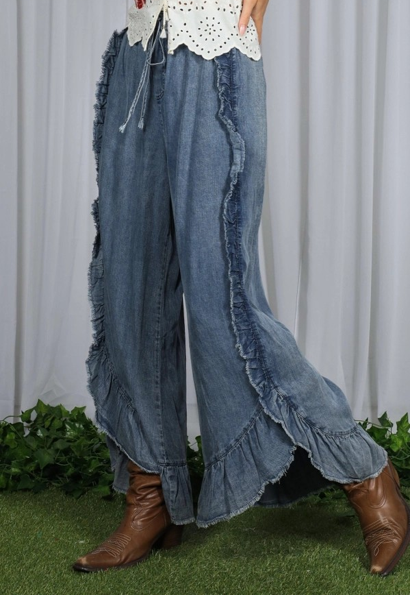 Chambray Jeans with Ruffled Hem