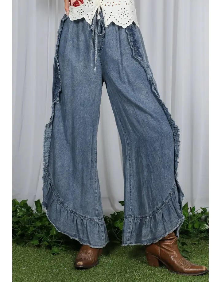 Chambray Jeans with Ruffled Hem