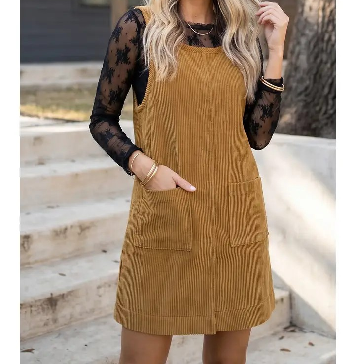 Corduroy Jumper Dress - Camel
