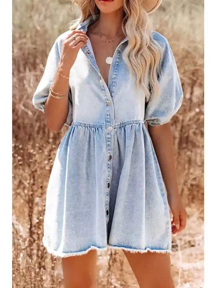 Denim Dress - Puff Sleeve