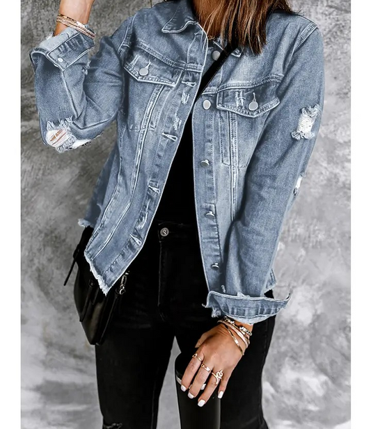 Distressed Denim Shacket - Blue