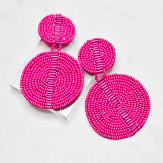 Earrings - Beaded Double Circle Drops - Fuchsia