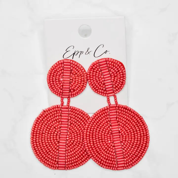 Earrings - Beaded Double Circle Drops - Red