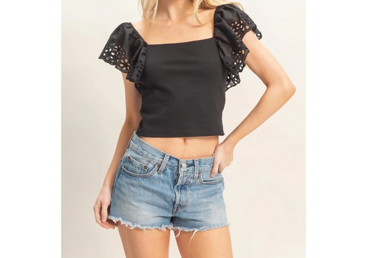 Eyelet Sleeve Top - Black