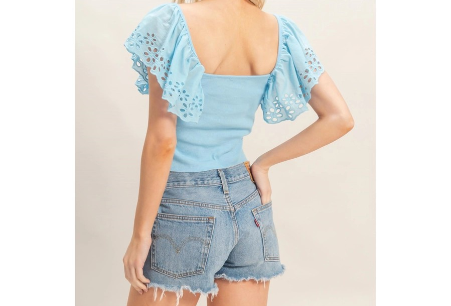 Eyelet Sleeve Top - Baby Blue