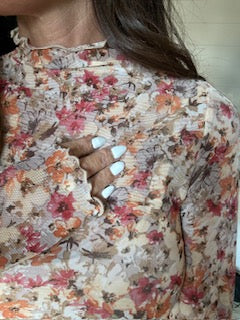 Mock Neck Mesh Top - Floral Print