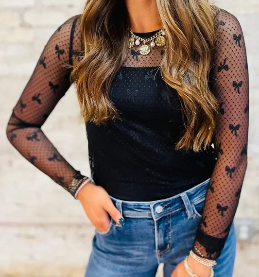 Crew Neck Mesh Top - Bow Print