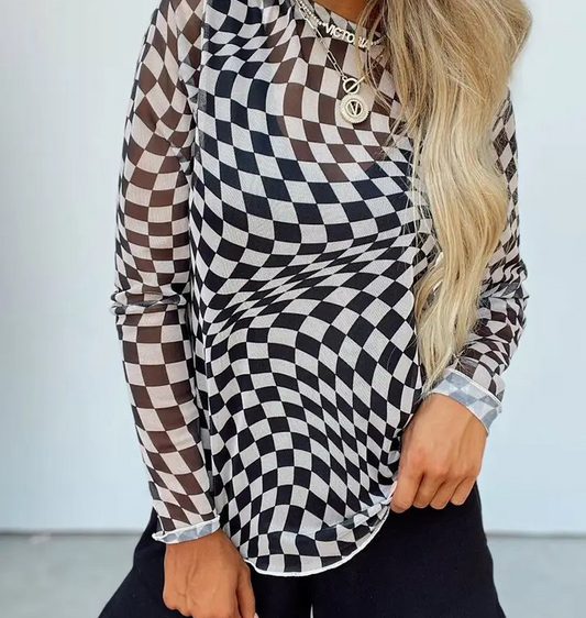 Crew Neck Mesh Top - Checkered Print