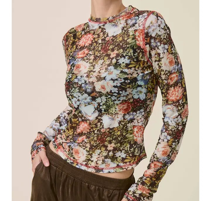 Mesh Top - Large Floral Print - Black